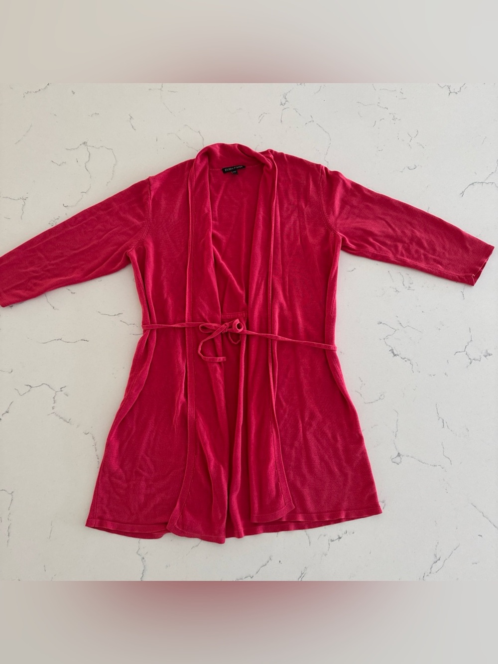 Eileen Fisher Pink Tie-Waist Long Cardigan Womens Silk Blend Top
